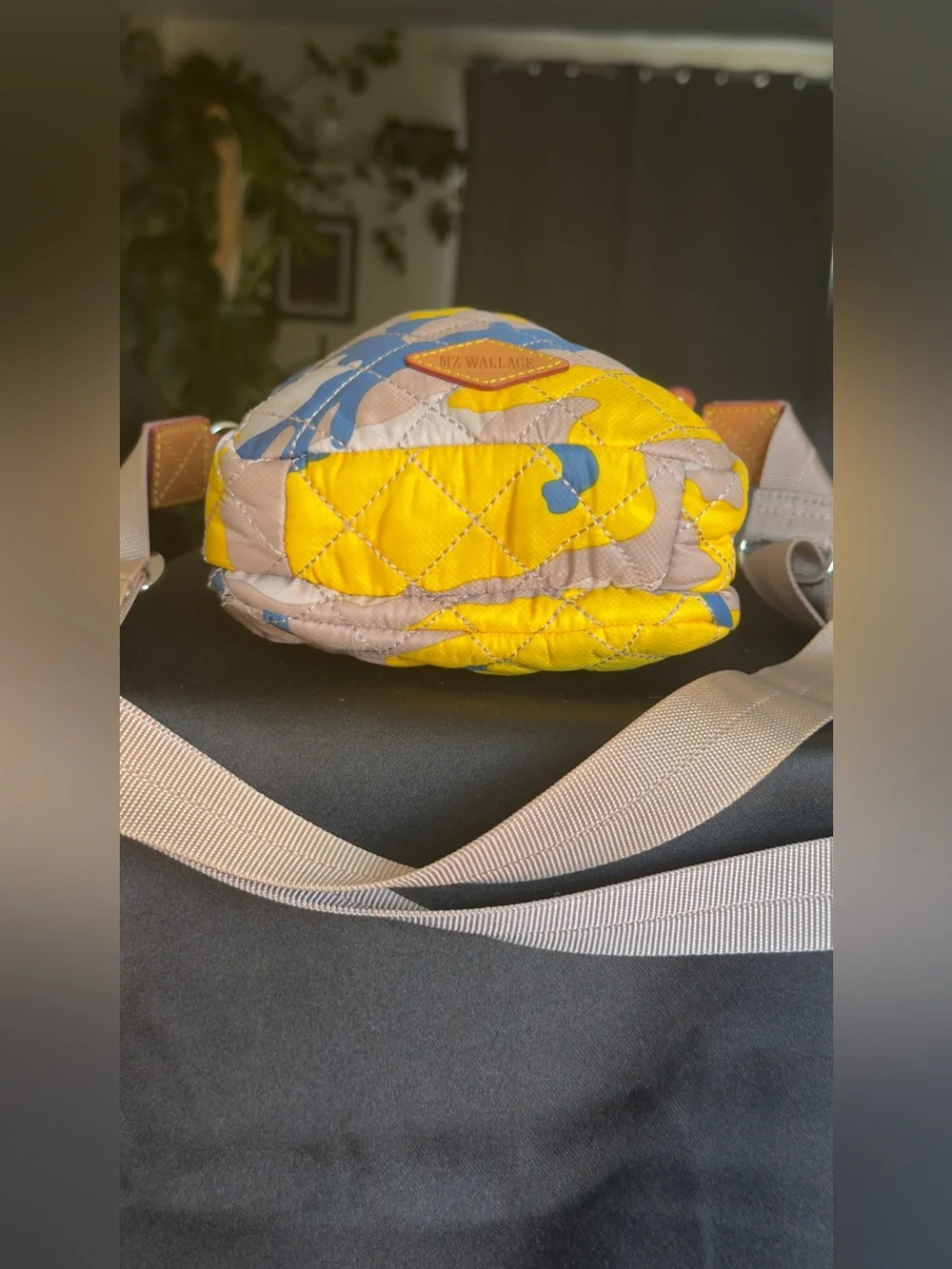 MZ Wallace Metro Crossbody Bag Spring Camo Quilted Nylon Yellow Blue Phone Pouch